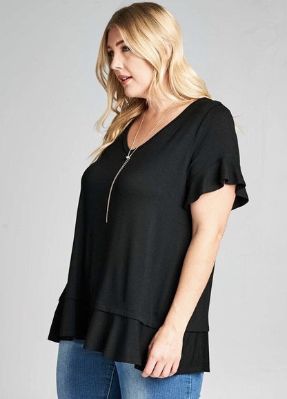 Womens Black Top | Flutter Sleeve Shirt | Ruffle Hem Solid Tunic Tops MomMe and More 
