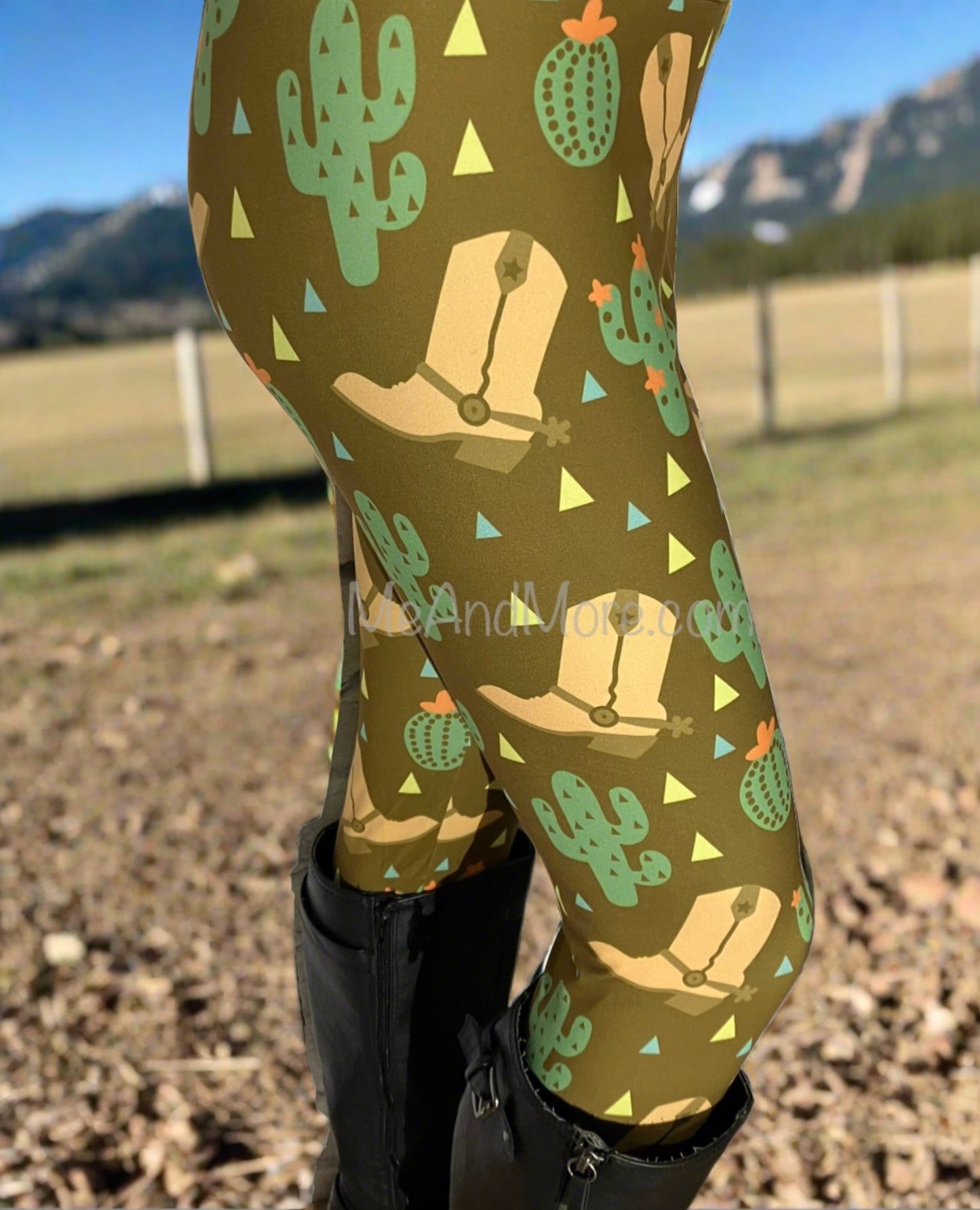 Womens Leggings | Exclusive Western Boot Cactus Leggings | Yoga Pants | Footless Tights | Yoga Waistband Leggings MomMe and More 