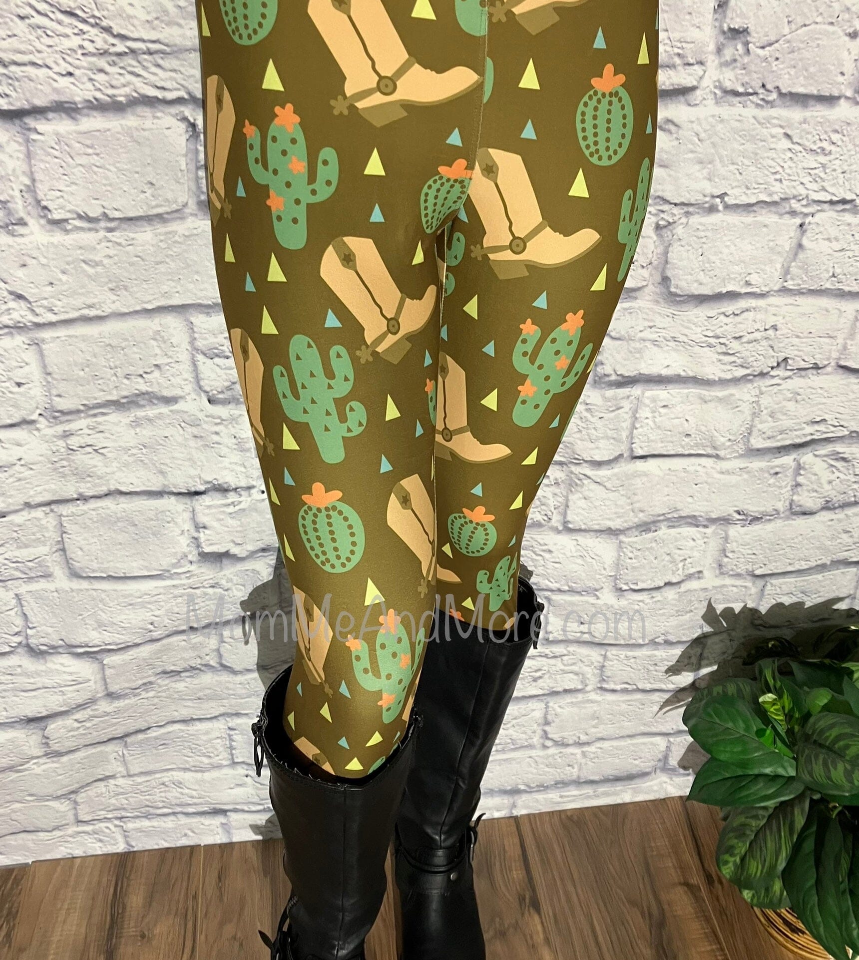 Womens Leggings | Exclusive Western Boot Cactus Leggings | Yoga Pants | Footless Tights | Yoga Waistband Leggings MomMe and More 