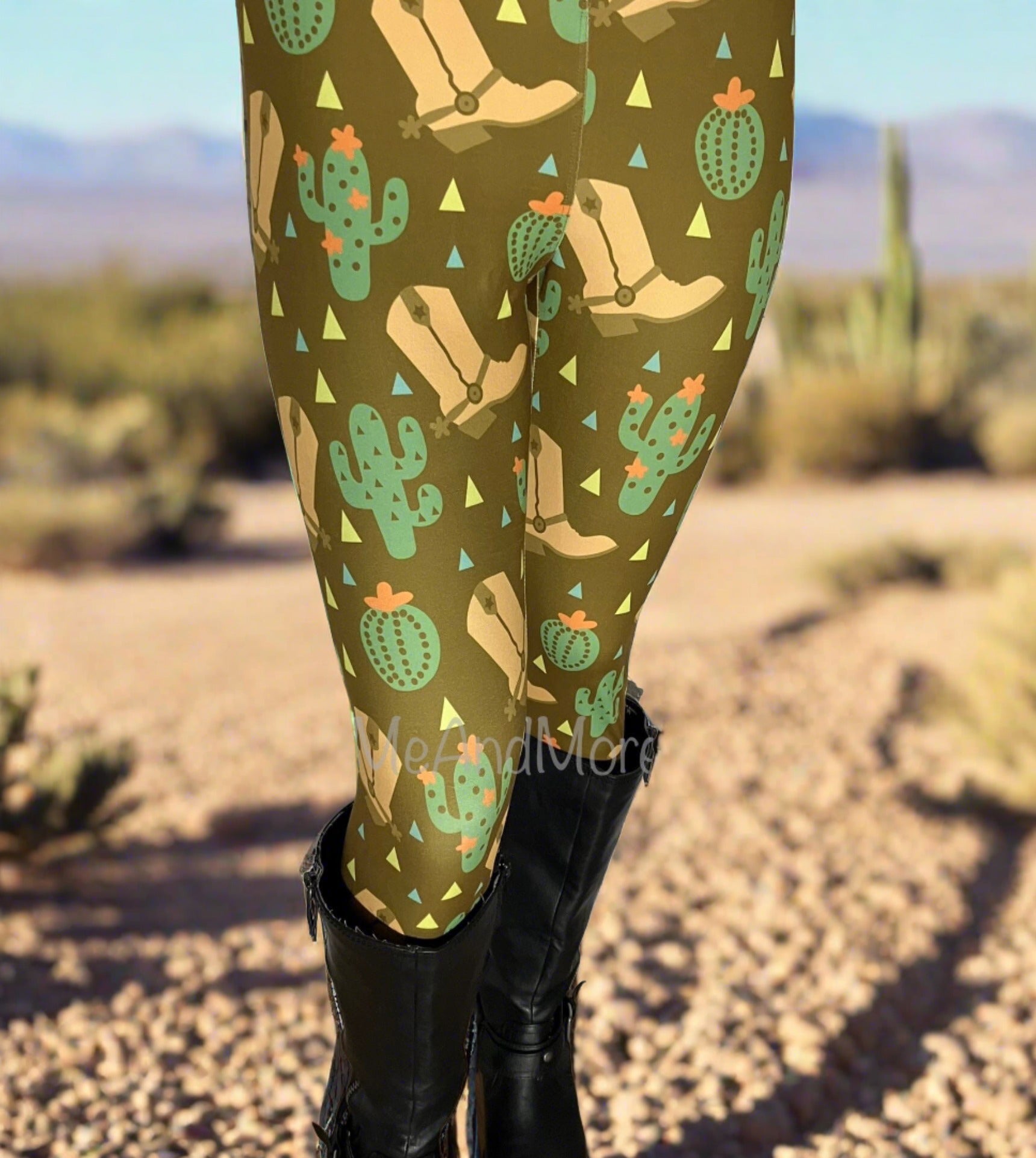 Womens Leggings | Exclusive Western Boot Cactus Leggings | Yoga Pants |  Footless Tights | Yoga Waistband