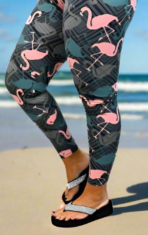 Womens Flamingo Leggings, Soft Yoga Pants, Sizes 0-20, Gray/Pink Leggings MomMe and More 