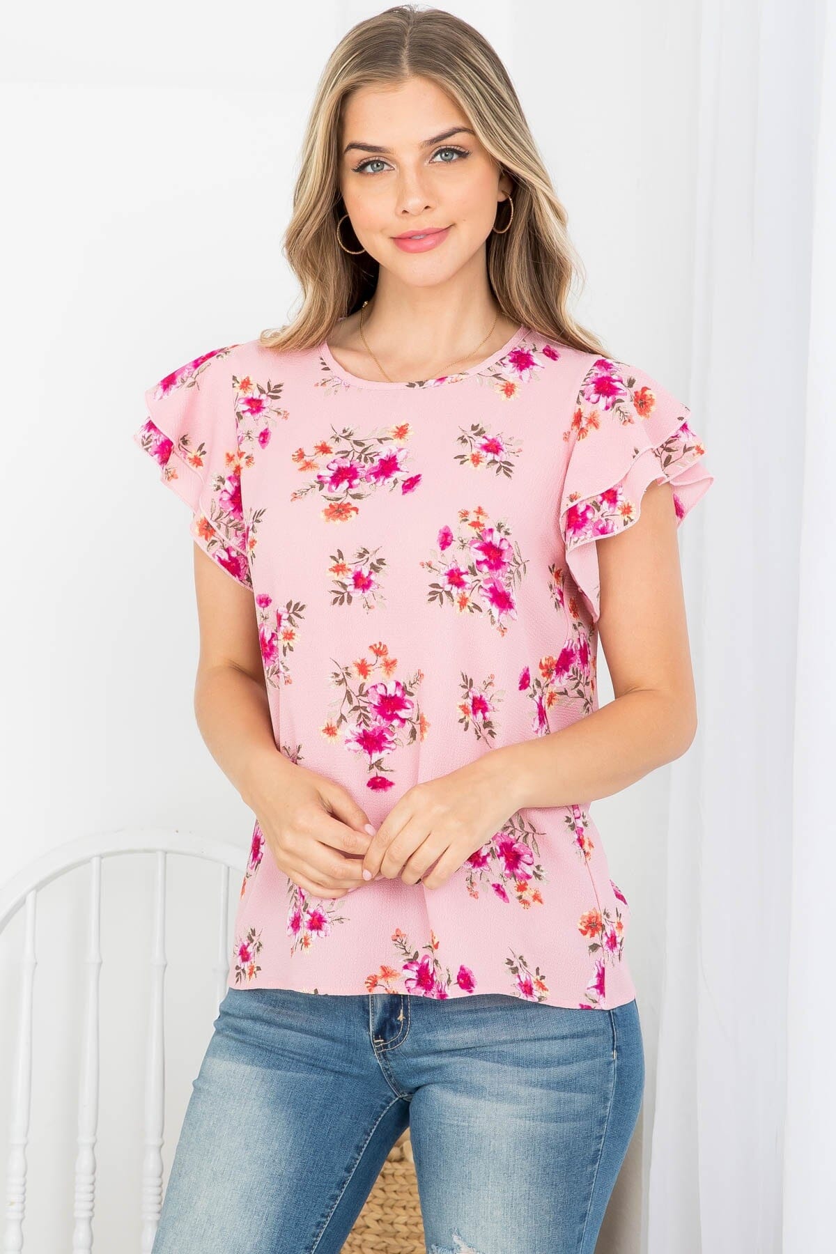 Womens Pink Rose Floral Top, Ruffle Flutter Sleeve Summer Blouse Tops MomMe and More 