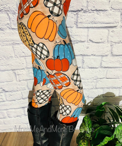 Womens Leggings | Exclusive Fall Plaid Pumpkin Leggings | Yoga Pants | Footless Tights | Yoga Waistband Leggings MomMe and More 