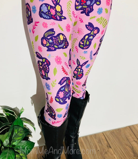 Womens Leggings | Exclusive Easter Bunny Spring Flowers Leggings | Yoga Pants | Footless Tights | Yoga Waistband Leggings MomMe and More 