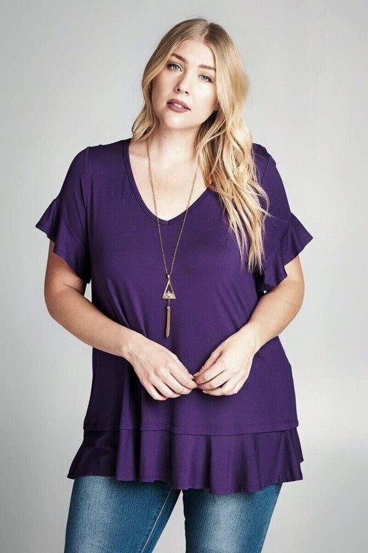 Womens Purple Top | Flutter Sleeve Shirt | Ruffle Hem Solid Tunic Top Tops MomMe and More 