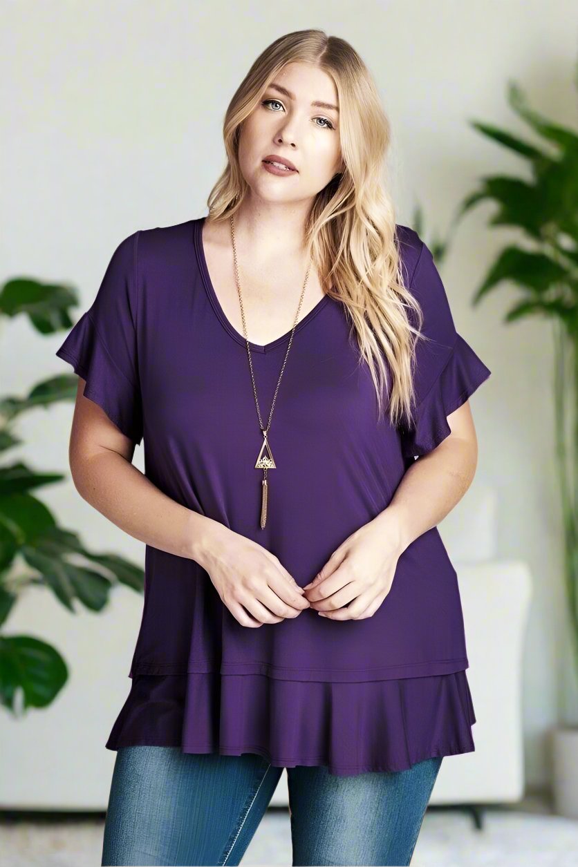 Womens Purple Top | Flutter Sleeve Shirt | Ruffle Hem Solid Tunic Top Tops MomMe and More 