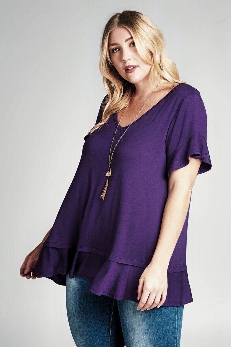 Womens Purple Top | Flutter Sleeve Shirt | Ruffle Hem Solid Tunic Top Tops MomMe and More 