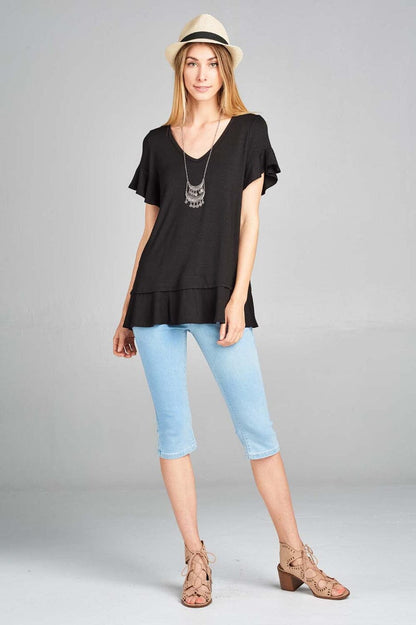 Womens Solid Black Top, V-Neck Ruffle Cap Sleeve & Ruffle Hem Shirt Tops MomMe and More 