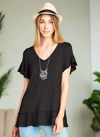 Womens Solid Black Top, V-Neck Ruffle Cap Sleeve & Ruffle Hem Shirt Tops MomMe and More 