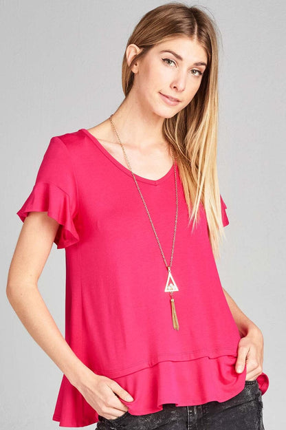 Womens Solid Pink Top, V-Neck Ruffle Cap Sleeve & Ruffle Hem Shirt Tops MomMe and More 