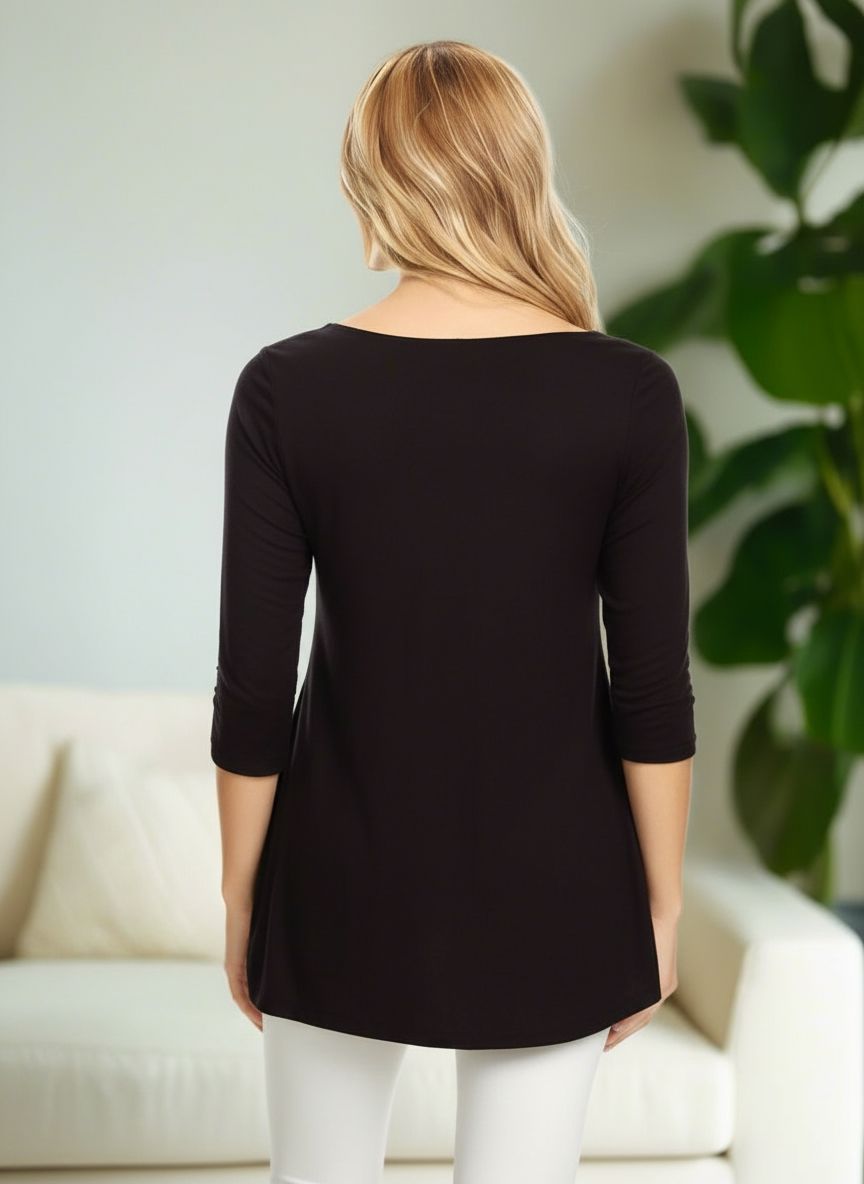 Womens Black Tunic Top – 3/4 Sleeves – Side Button Detail – Asymmetric Hem - Soft Stretch Tops MomMe and More 