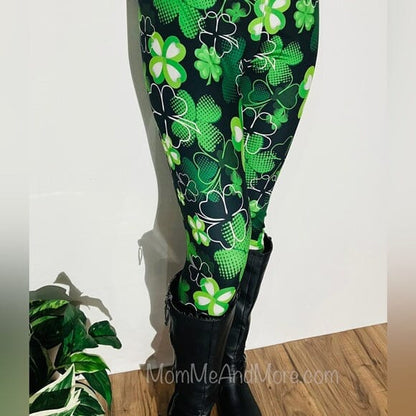 Womens Leggings | Exclusive St. Patrick Day Shamrock Leggings | Yoga Pants | Footless Tights | Yoga Waistband Leggings MomMe and More 