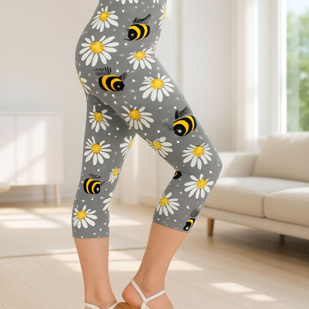 Womens Bee Capri Leggings - High Waisted - Buttery Soft - Gray/Yellow Leggings MomMe and More 0-10 Gray 