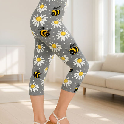 Womens Bee Capri Leggings - High Waisted - Buttery Soft - Gray/Yellow Leggings MomMe and More 0-10 Gray 