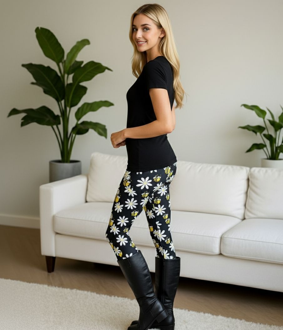 Womens Bee Daisy Leggings - High Waisted - Buttery Soft - Black/Yellow Leggings MomMe and More 