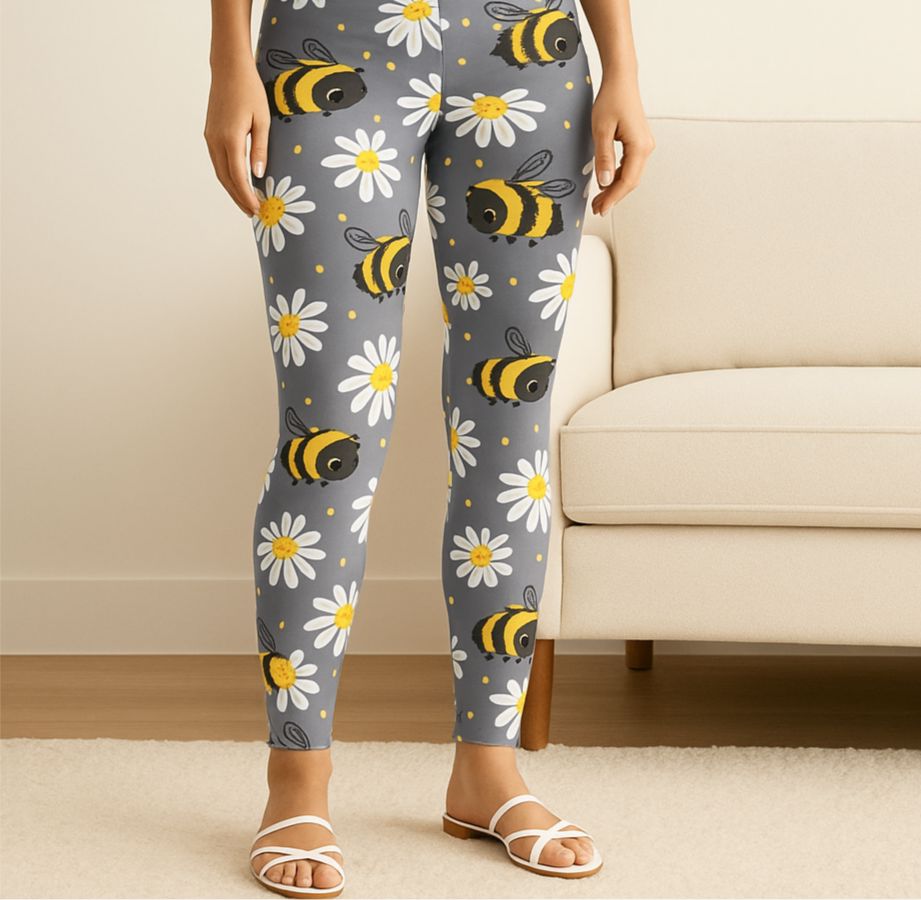 Womens Bee Leggings - High Waisted - Buttery Soft - Grey/Yellow Leggings MomMe and More S Gray No-Roll Waist