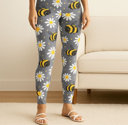 Womens Bee Leggings - High Waisted - Buttery Soft - Grey/Yellow Leggings MomMe and More S Gray No-Roll Waist