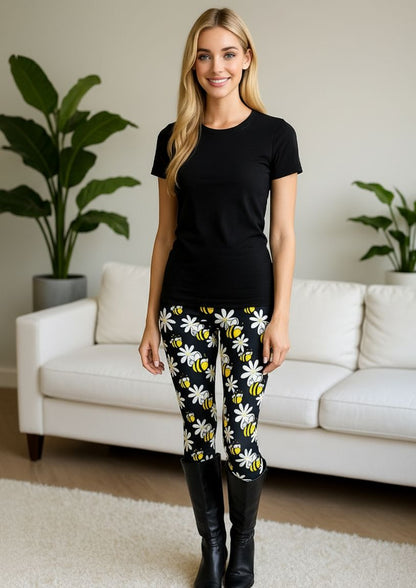 Womens Bee Daisy Leggings - High Waisted - Buttery Soft - Black/Yellow Leggings MomMe and More 