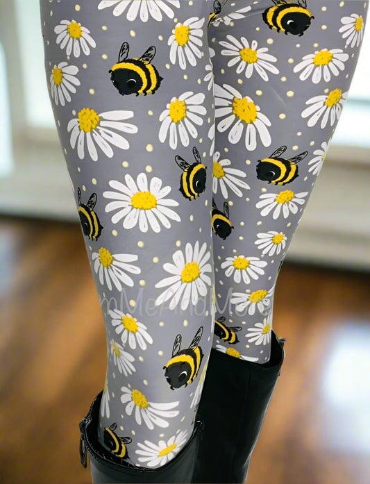 Womens Daisy Bee Leggings, Soft Yoga Pants, Sizes 0-22, Gray/Yellow Leggings MomMe and More 