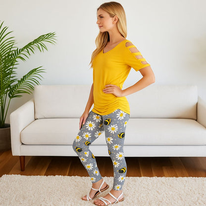 Womens Bee Leggings - High Waisted - Buttery Soft - Grey/Yellow Leggings MomMe and More 