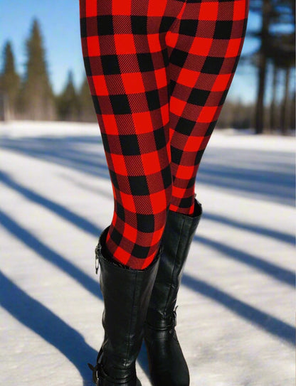 Womens Red Plaid Legging, Soft Yoga Pants, Sizes 0-22, No Roll Waist, Red/Black Leggings MomMe and More 
