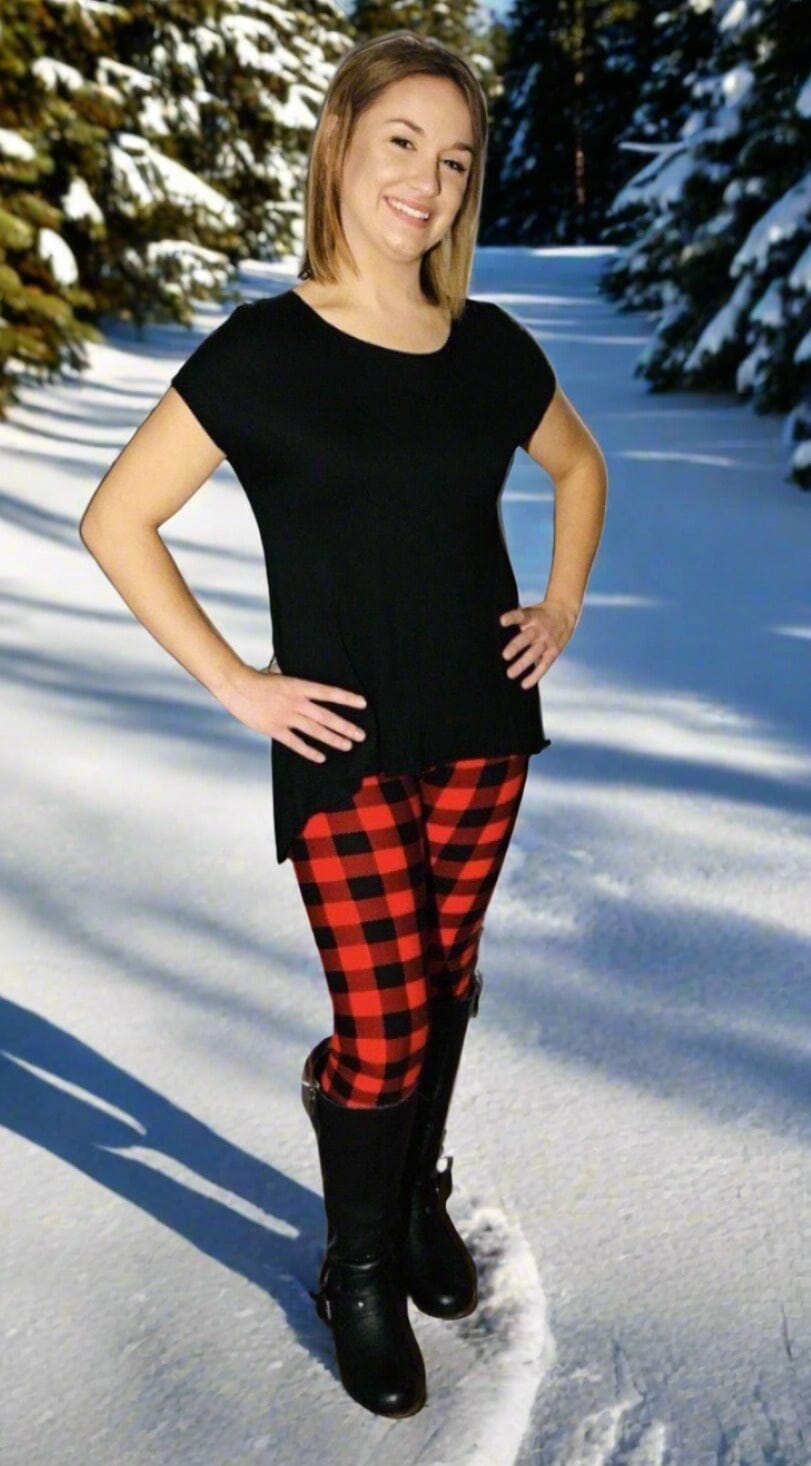 Womens Red Plaid Legging, Soft Yoga Pants, Sizes 0-22, No Roll Waist, Red/Black Leggings MomMe and More 