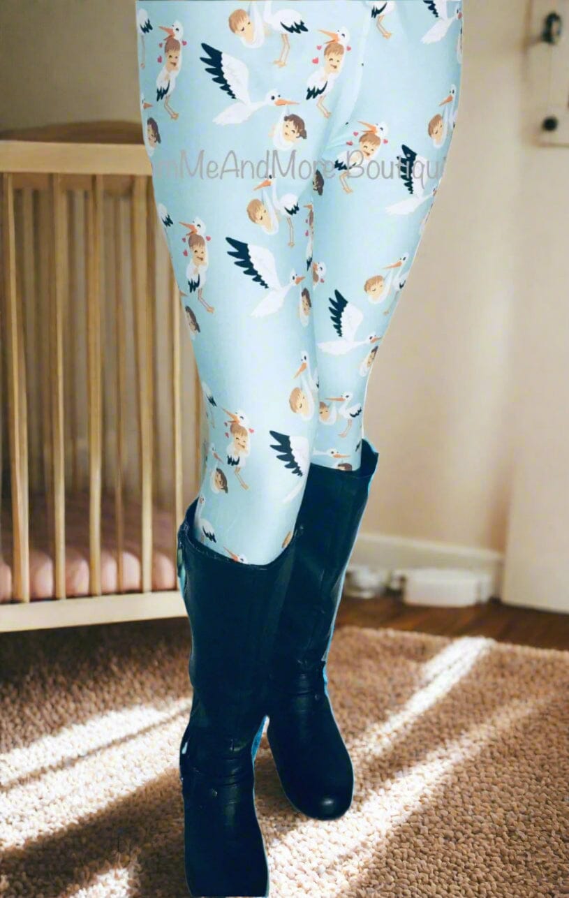 Womens Blue Stork Leggings, Soft Maternity Pants, Sizes OS/TC, Yoga Waist, Blue, Exclusive Leggings Leggings MomMe and More 