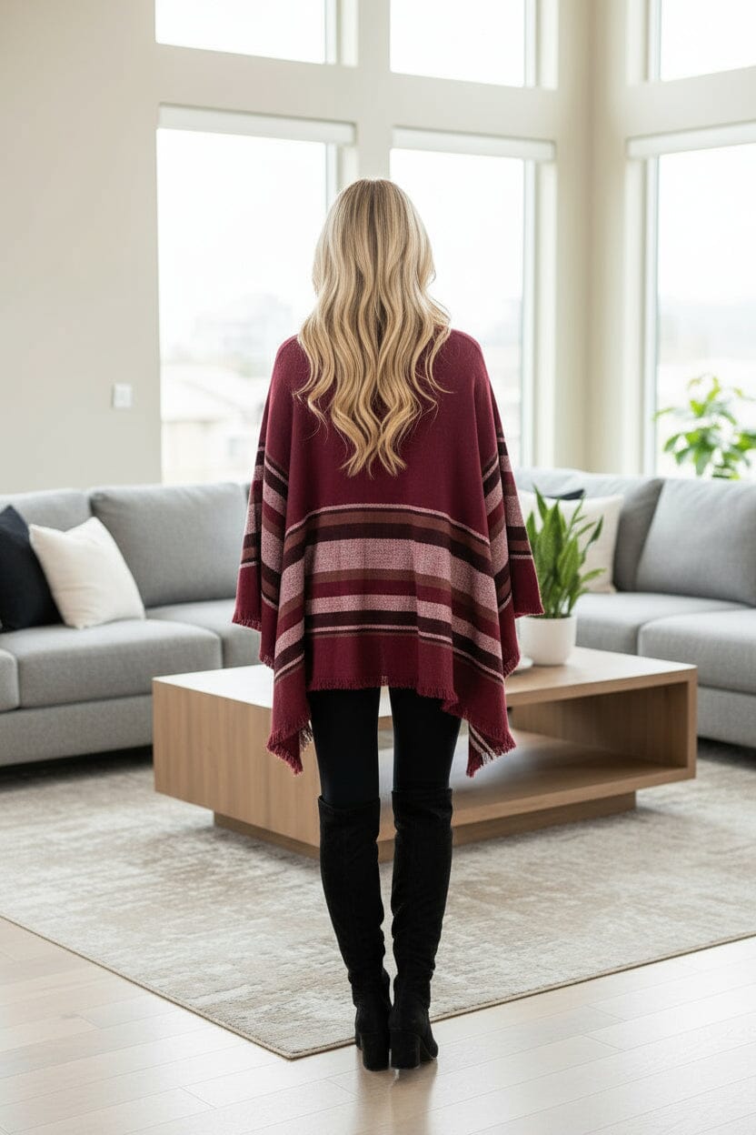 Womens Fall Plaid Poncho - Turtle Neck - Fringed Sweater Wrap Cape - Brown/Multi poncho MomMe and More 