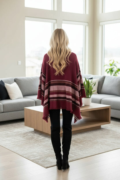 Womens Fall Plaid Poncho - Turtle Neck - Fringed Sweater Wrap Cape - Brown/Multi poncho MomMe and More 
