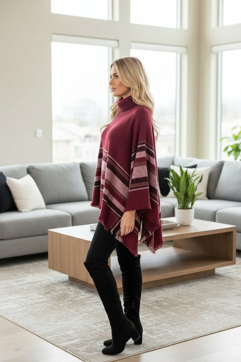 Womens Fall Plaid Poncho - Turtle Neck - Fringed Sweater Wrap Cape - Brown/Multi poncho MomMe and More 