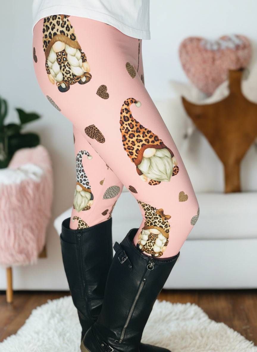 Womens Gnome Cheetah Heart Leggings Soft Yoga Pants Pink/Brown Sizes 0-20 Leggings MomMe and More 