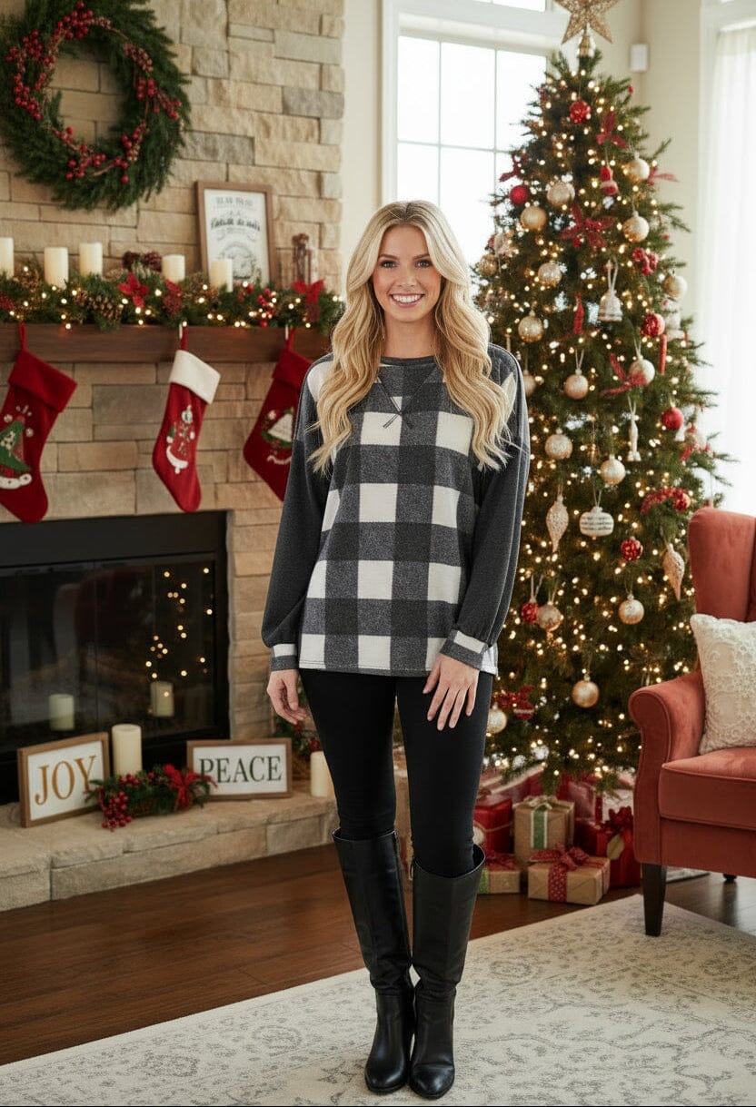 Womens Plaid Shirt – Long Sleeves – Pull Over - Black/White Tops MomMe and More 