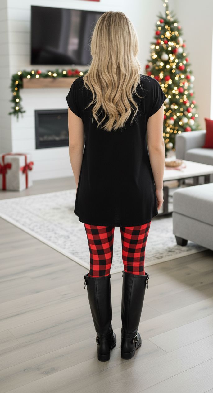 Womens Red Plaid Christmas Leggings - High Waisted - Buttery Soft - Yoga Pants - Red/Black Leggings MomMe and More 