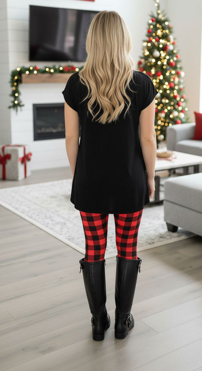 Womens Red Plaid Christmas Leggings - High Waisted - Buttery Soft - Yoga Pants - Red/Black Leggings MomMe and More 