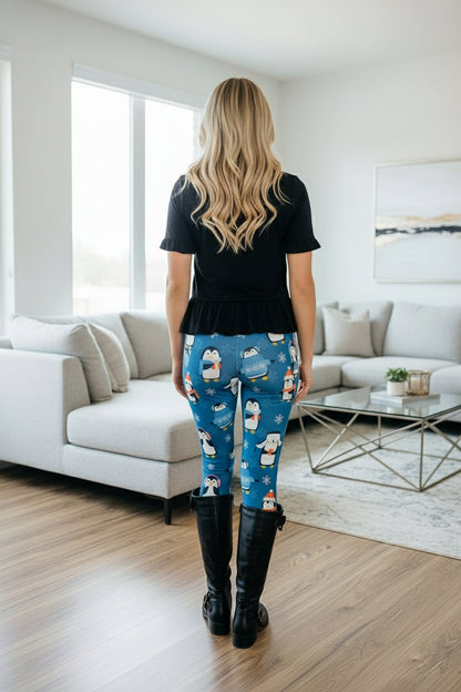 Womens Christmas Penguin Leggings - High Waisted - Luxury Soft Yoga Pants - Blue/Multi Leggings MomMe and More 