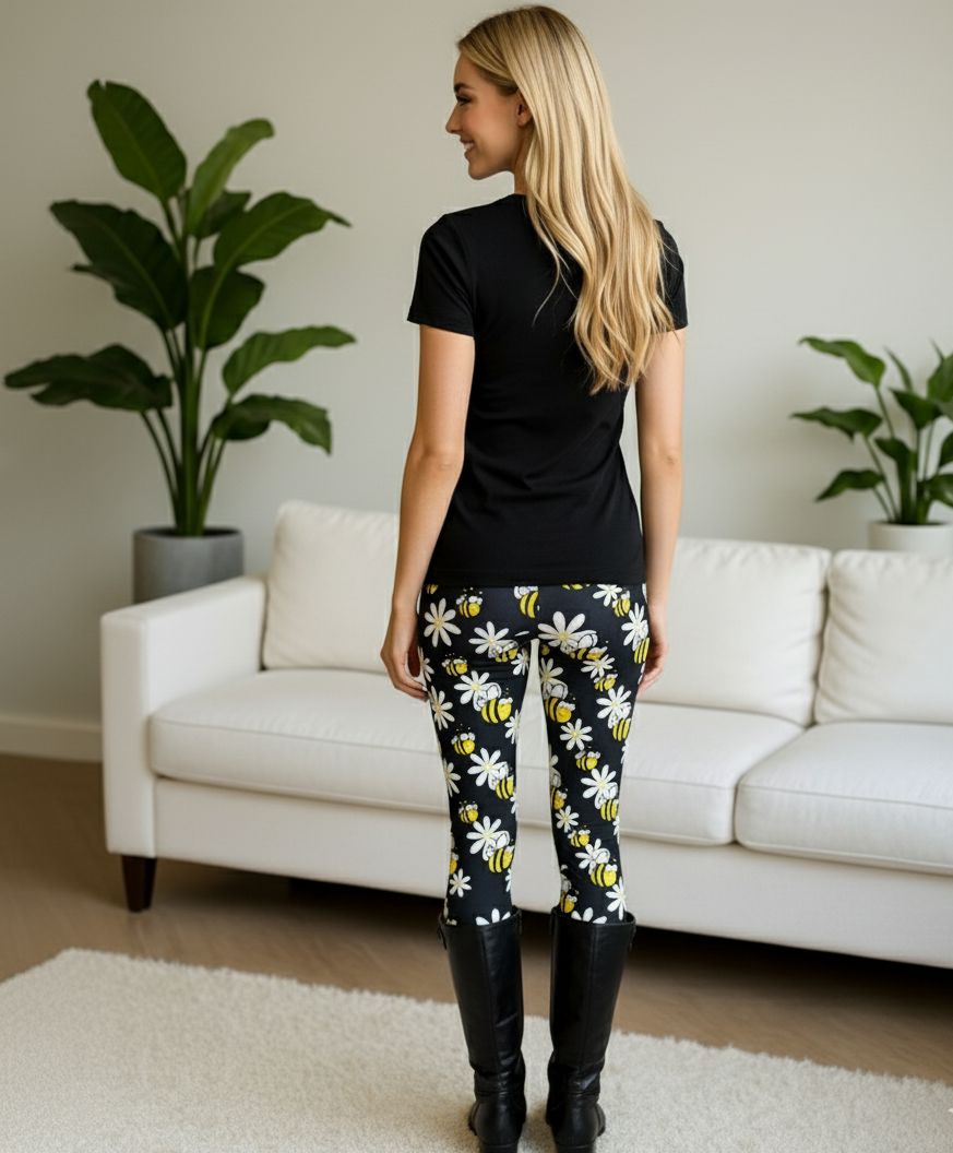 Womens Bee Daisy Leggings - High Waisted - Buttery Soft - Black/Yellow Leggings MomMe and More 