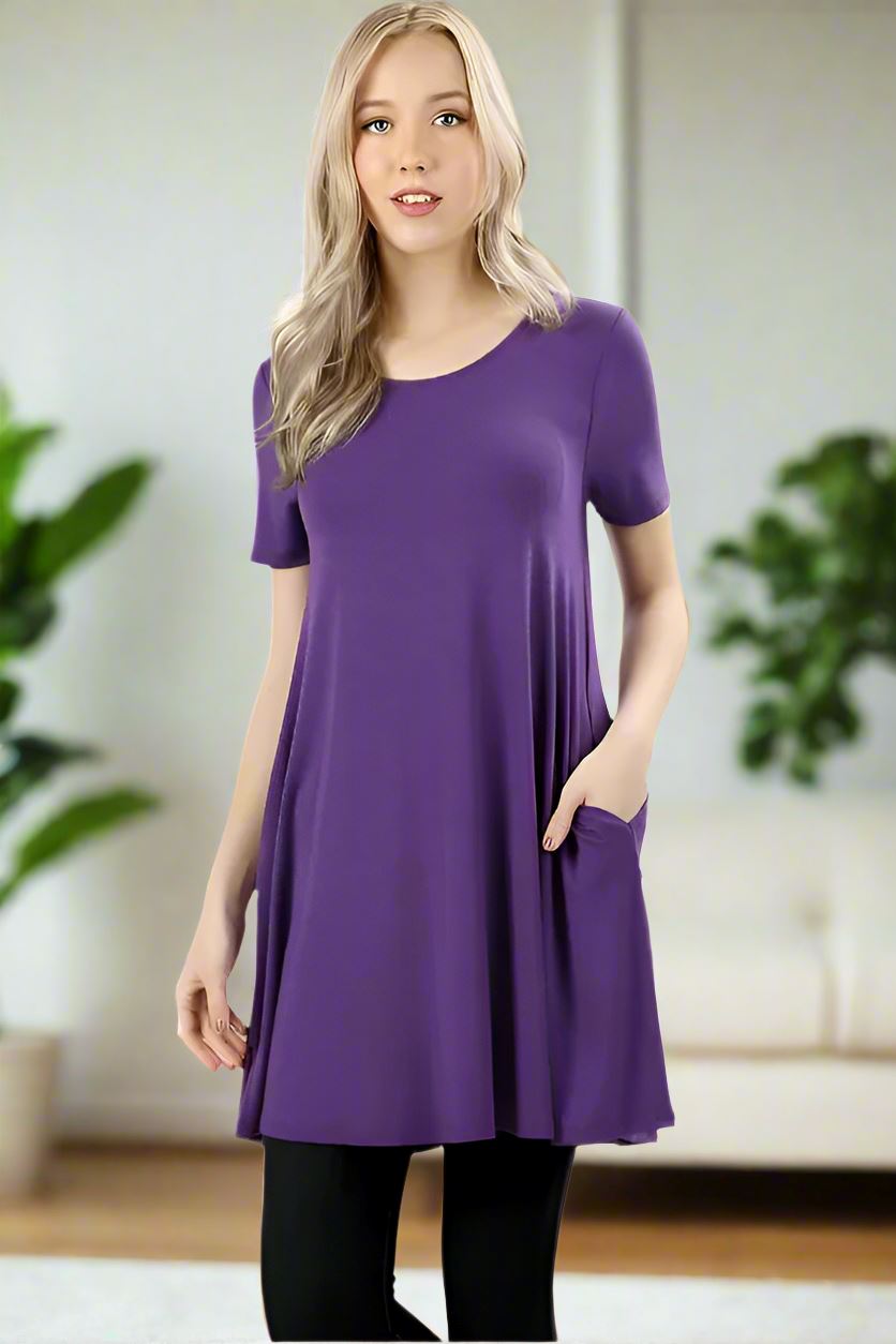 Womens Purple Pocket Dress, Short Sleeve Shift Dress, Sizes S/M/L/XL, Dark Purple dress MomMe and More 