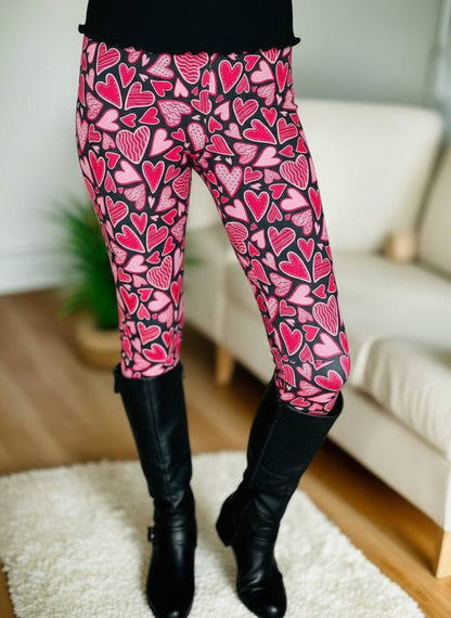Womens Valentines Leggings - High Waisted - Buttery Soft - Signature Yoga Pants - Pink Hearts Leggings MomMe and More 