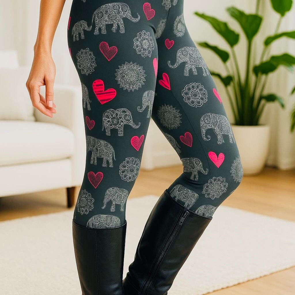 Womens Elephant Heart Leggings - High Waisted - Buttery Soft - Yoga Pants - Gray/Pink Leggings MomMe and More 