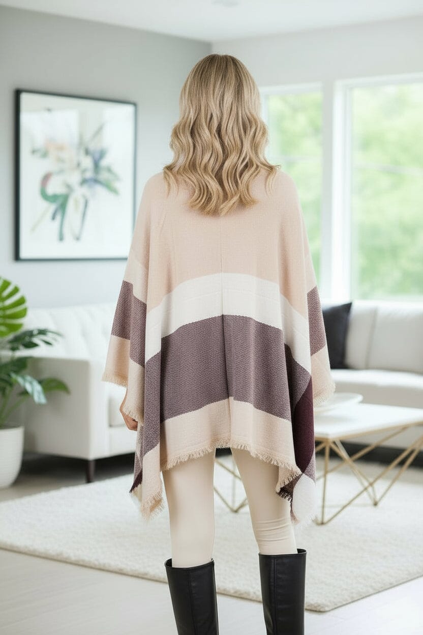 Womens Fall Plaid Poncho - Turtle Neck - Striped Fringed Sweater Wrap Cape - Beige/Brown/White poncho MomMe and More 