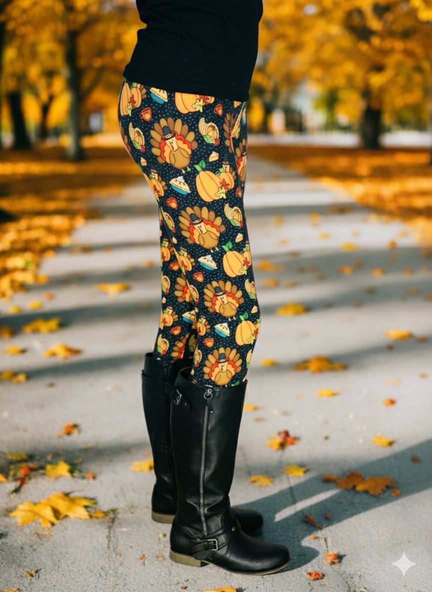 Womens Thanksgiving Turkey Dinner Leggings - High Waisted - Buttery Soft - Black/Orange Leggings MomMe and More 