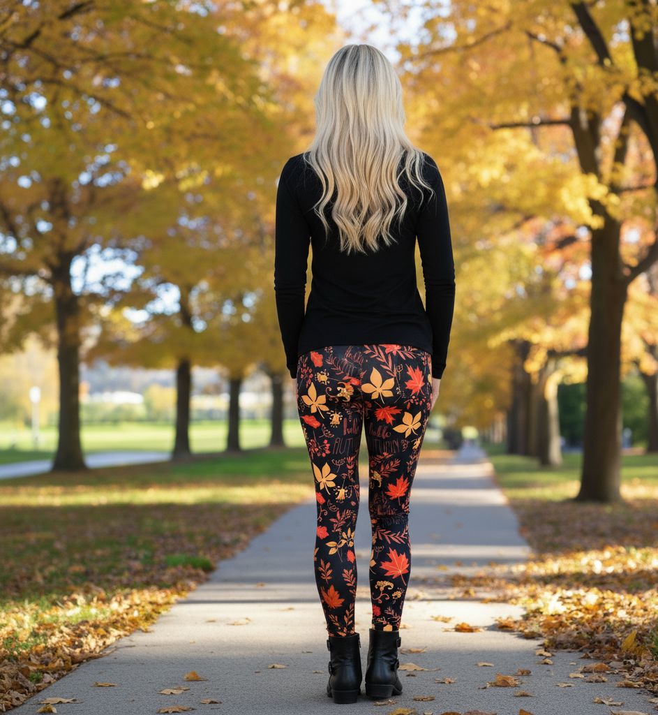Womens Fall Leaf Leggings - High Waisted - Buttery Soft - Halloween Thanksgiving Leggings- Black/Orange Leggings MomMe and More 