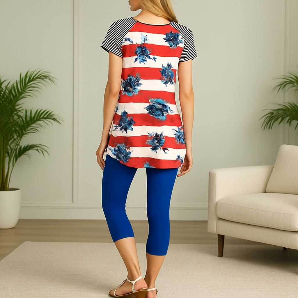 Womens Floral Striped Tunic Red White Blue MomMe And More