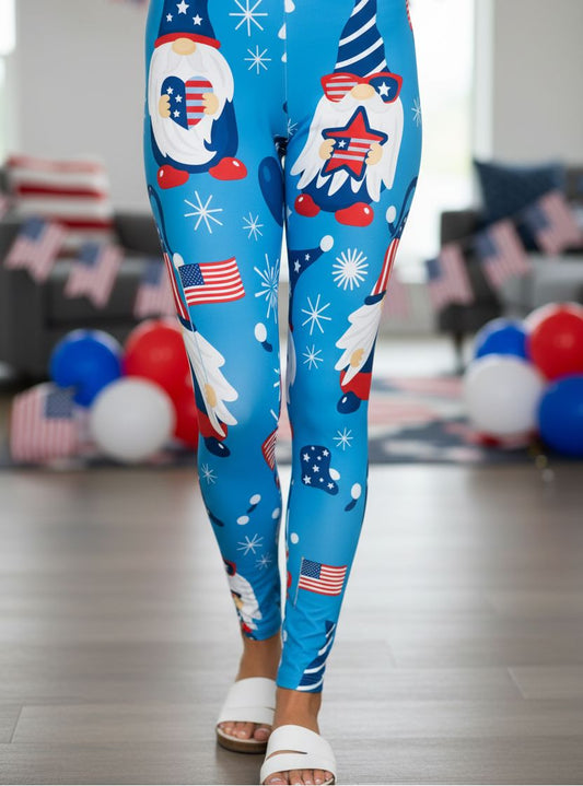 Womens Patriotic Leggings - High Waisted - Buttery Soft - Gnomes/Fireworks - Red/White/Blue Leggings MomMe and More 