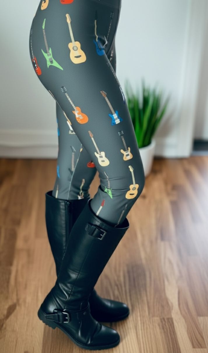 Womens Guitar Leggings - High Waisted - Buttery Soft - Gray/Multi Leggings MomMe and More 