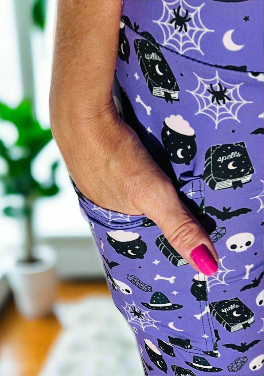 Womens Halloween Leggings - High Waisted - Buttery Soft - Witch Skull Spider Cat Bat - Purple/Black Leggings MomMe and More 