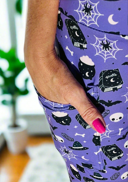 Womens Halloween Leggings - High Waisted - Buttery Soft - Witch Skull Spider Cat Bat - Purple/Black Leggings MomMe and More 