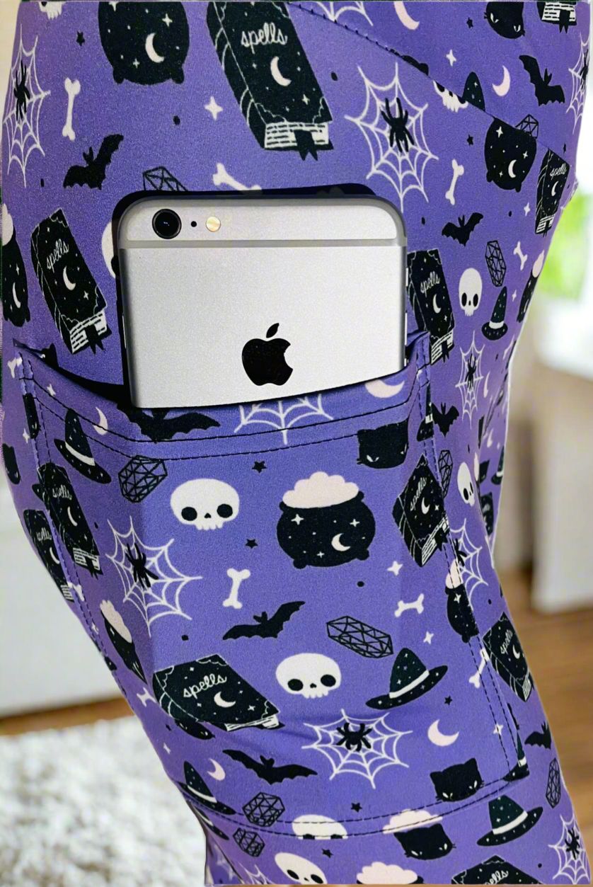 Womens Halloween Leggings - High Waisted - Buttery Soft - Witch Skull Spider Cat Bat - Purple/Black Leggings MomMe and More 