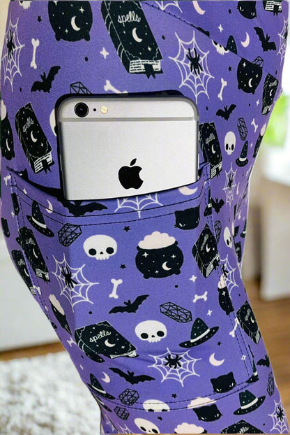 Womens Halloween Leggings - High Waisted - Buttery Soft - Witch Skull Spider Cat Bat - Purple/Black Leggings MomMe and More 