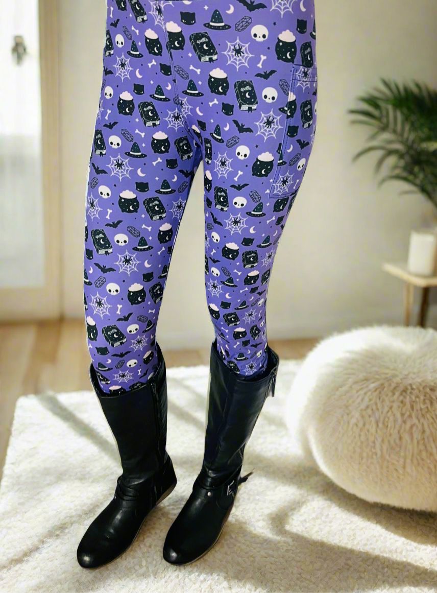 Womens Halloween Leggings - High Waisted - Buttery Soft - Witch Skull Spider Cat Bat - Purple/Black Leggings MomMe and More 